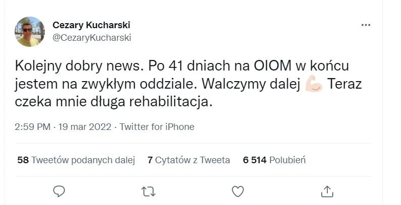 Cezary Kucharski. Na takie wieści czekaliśmy! 50-latek zabrany z OIOM! - Zdjęcie główne