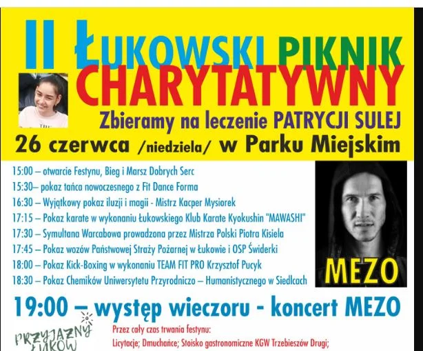 ŁUKÓW MEZO zaśpiewa na Festynie Charytatywnym dla Patrycji Sulej. W niedzielę 26 czerwca w Parku Miejskim  - Zdjęcie główne