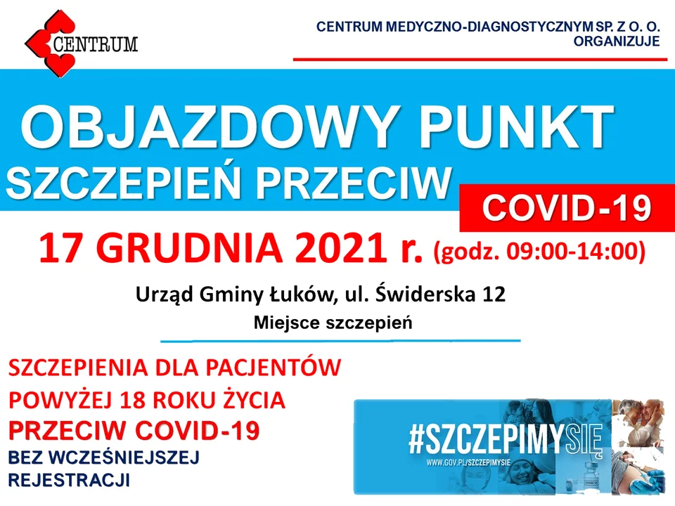 GMINA ŁUKÓW W piątek 17 grudnia kolejna akcja szczepień  na covid19   Powyżej 18 roku życia - Zdjęcie główne