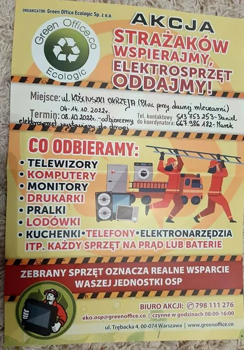 Akcja druhów z OSP Okrzeja: „Strażaków wspieramy elektrosprzęt oddajemy!”. Przywieź stary sprzęt na plac przy dawnej mleczarni w Okrzei - Zdjęcie główne