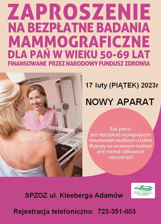 Bezpłatne badania mammograficzne w Adamowie. W piątek 17 lutego - Zdjęcie główne