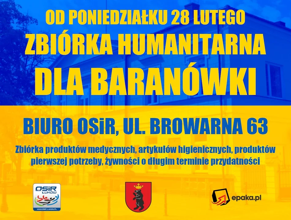 Zbiórka humanitarna dla Baranówki. Od poniedziałku 28 lutego w OSIR przy Browarnej  - Zdjęcie główne