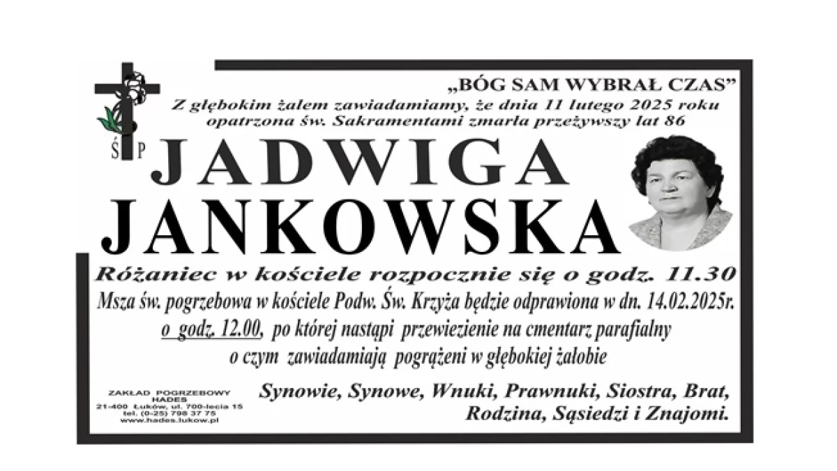 Nekrolog Ś.P. Jadwigi Jankowskiej - Zdjęcie główne