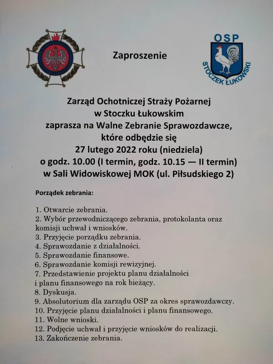 Walne zebranie OSP Stoczek Łukowski. Sprawozdania i plany - Zdjęcie główne