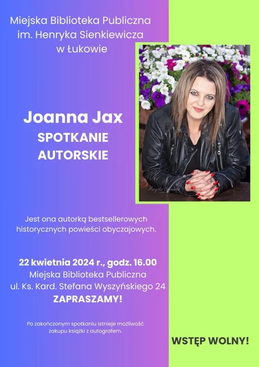 Spotkanie autorskie z pisarką Joanną Jax w Bibliotece Miejskiej w Łukowie. W poniedziałek 22 kwietnia - Zdjęcie główne