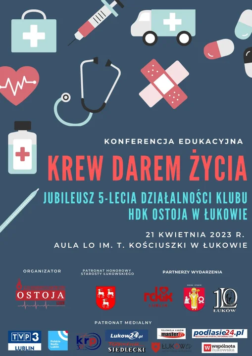 Klub krwiodawców „Ostoja” zaprasza na konferencję „Krew darem życia”. Wykłady o  krwiodawstwie i krwiolecznictwie oraz jubileusz 5-lecia działalności Klubu - Zdjęcie główne