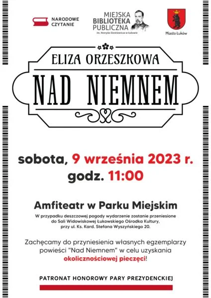 Już jutro 9 września Narodowe Czytanie „Nad Niemnem” z Miejską Biblioteką Publiczną w Łukowie.  Spotykamy się w Parku Miejskim o godz.11:00 - Zdjęcie główne