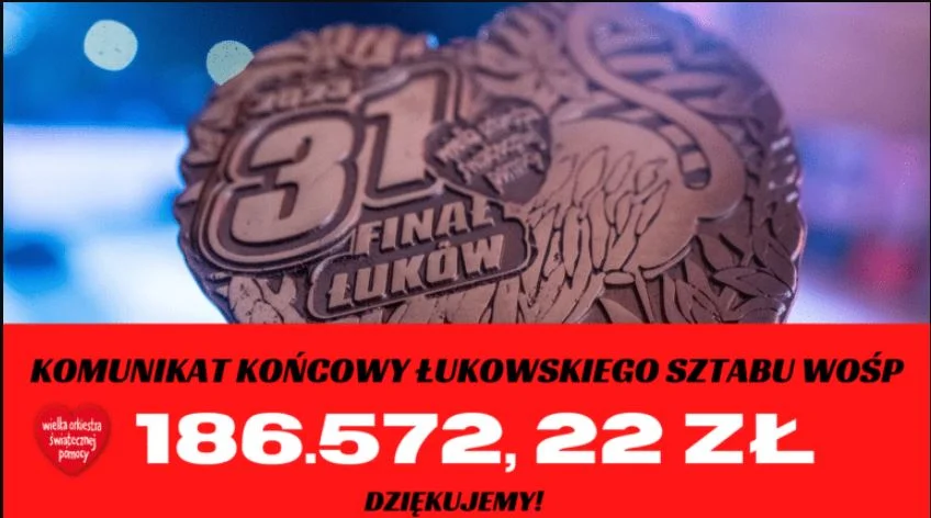 ŁUKÓW Komunikat końcowy z 31. Finału WOŚP. Ile ofiarowaliśmy na walkę z sepsą? - Zdjęcie główne