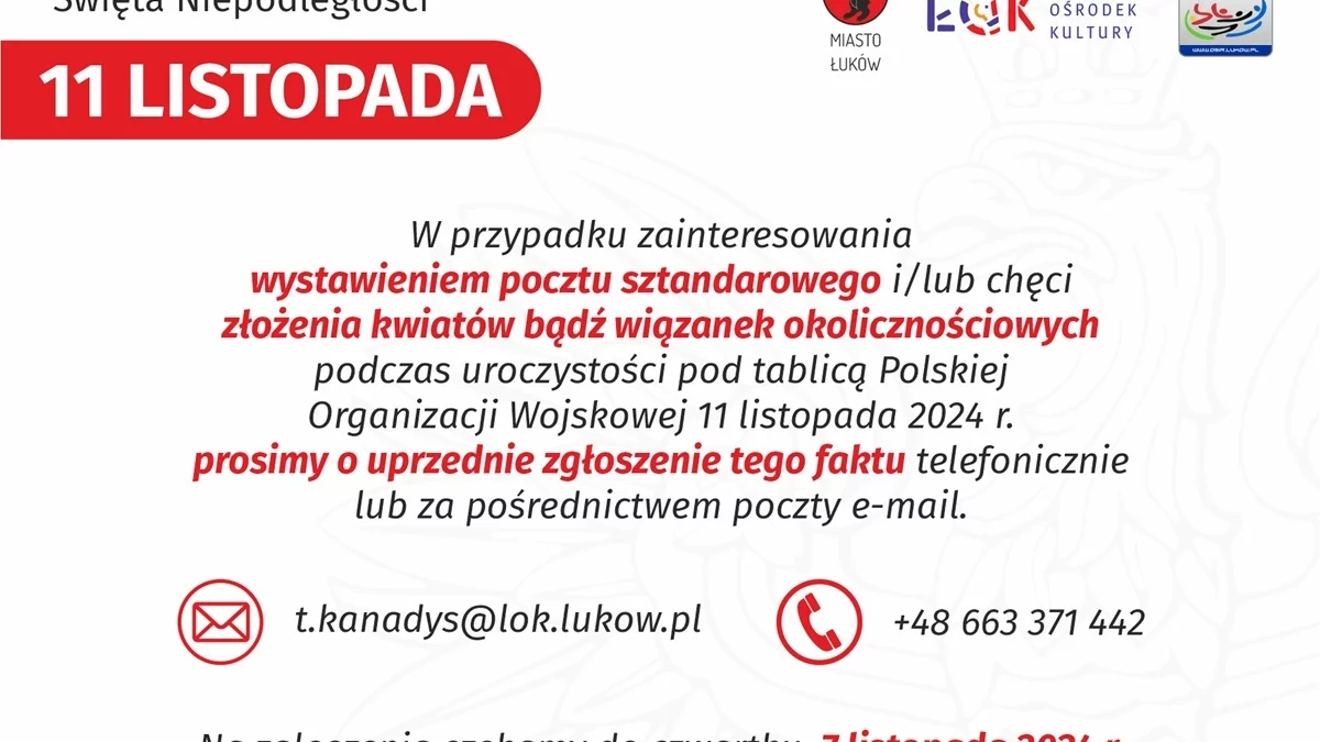 Poczty sztandarowe i wieńce: informacja dotycząca obchodów 11 listopada. Prośba o zgłoszenia do 7 listopada - Zdjęcie główne