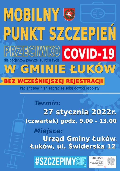 Szczepienia na koronawirusa w Urzędzie Gminy Łuków. 27  stycznia - bez rejestracji - Zdjęcie główne