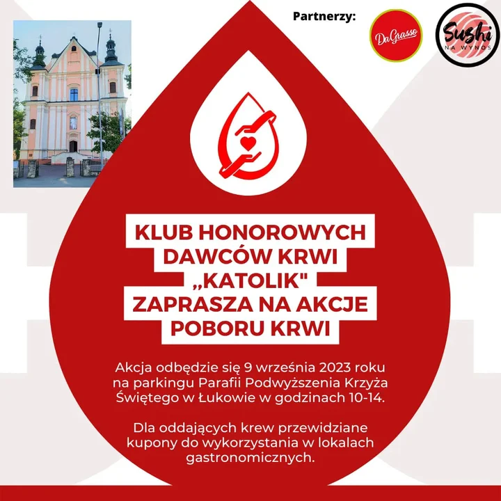 Akcja poboru krwi już w sobotę. Zapraszamy na plac przy kościele Podwyższenia Krzyża Świętego w Łukowie - Zdjęcie główne