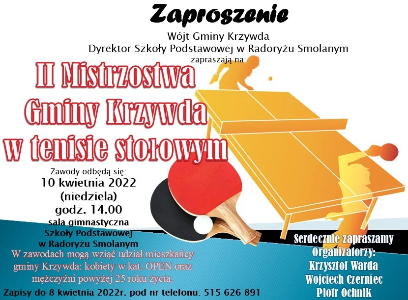 Gmina Krzywda: Drugie mistrzostwa gminy w tenisie stołowym. Chętni mogą się zgłaszać do 8 kwietnia - Zdjęcie główne