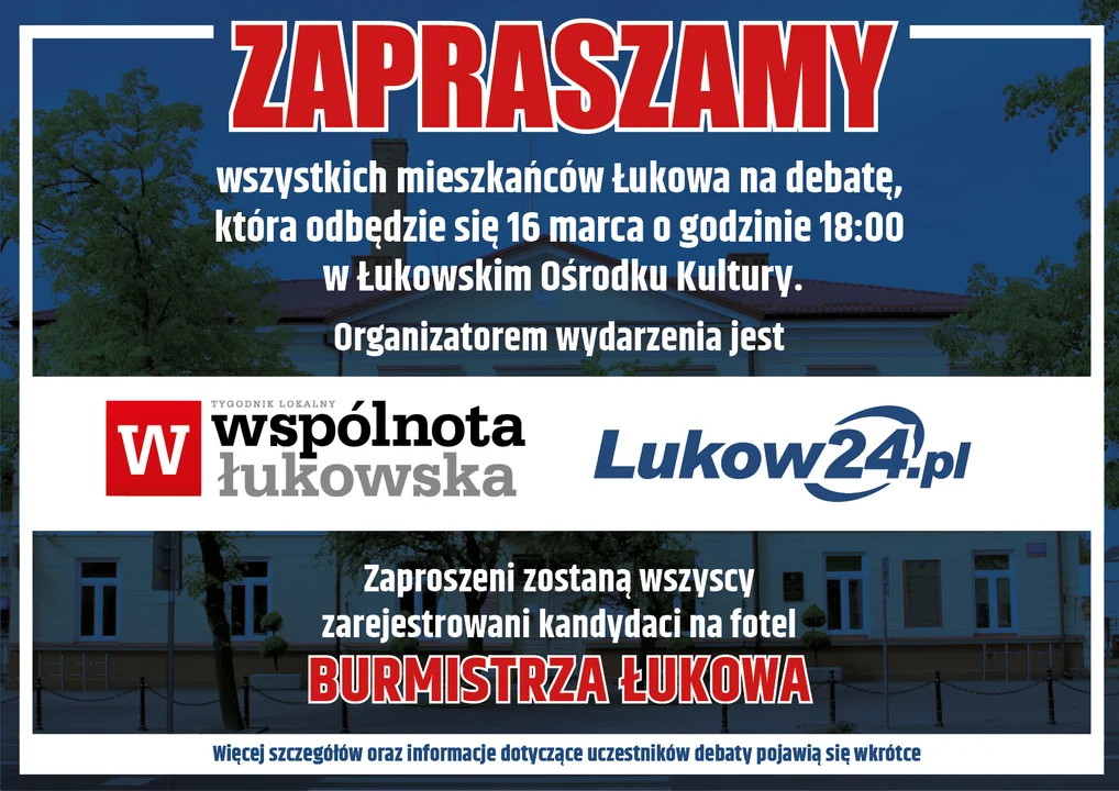 ZAPRASZAMY NA DEBATĘ KANDYDATÓW NA BURMISTRZA ŁUKOWA! - Zdjęcie główne