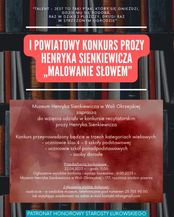 Konkurs recytatorski prozy Henryka Sienkiewicza. Zaprasza Muzeum w Woli Okrzejskiej - Zdjęcie główne