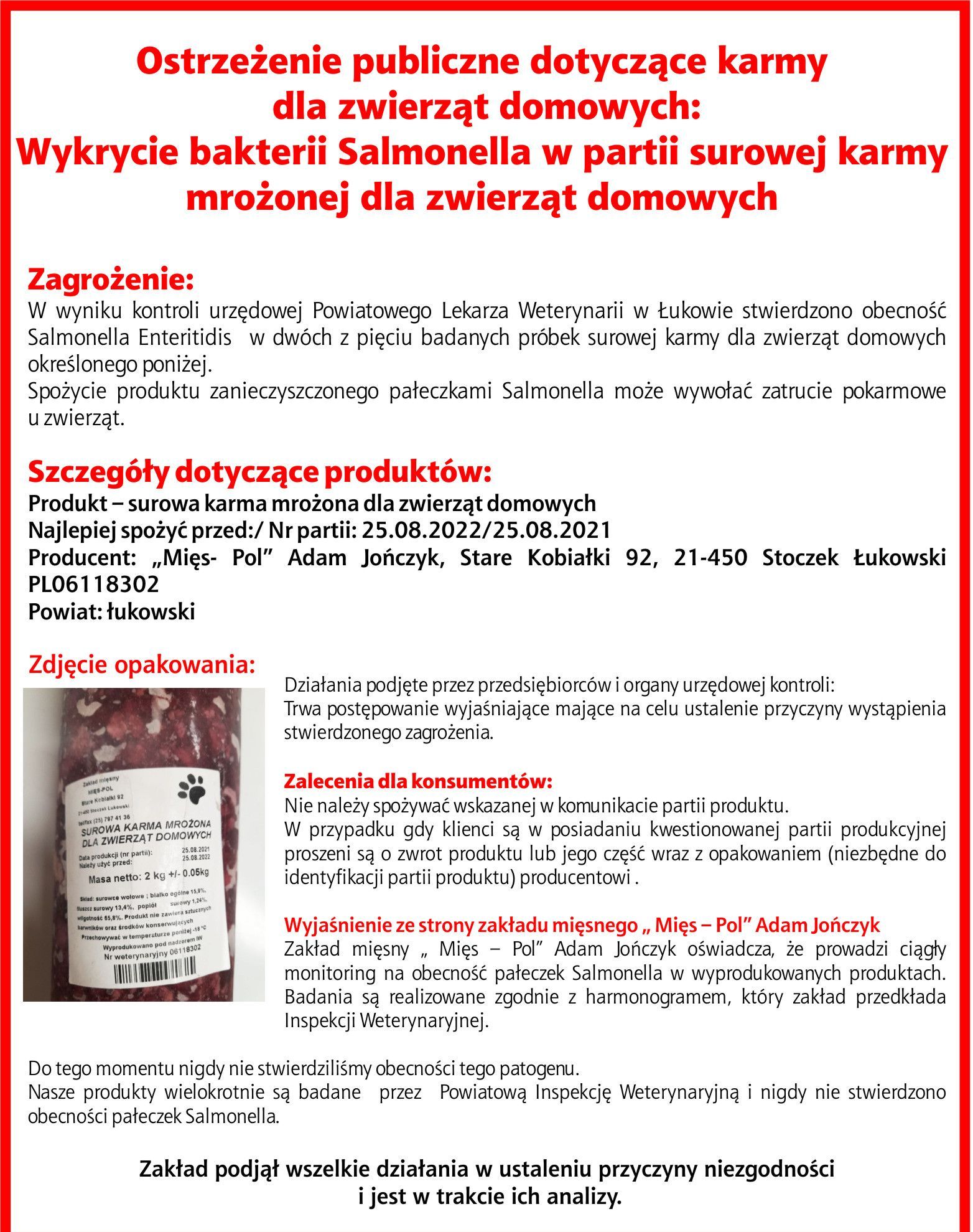 Ostrzeżenie publiczne dotyczące karmy dla zwierząt domowych. Groźna mrożonka!  - Zdjęcie główne