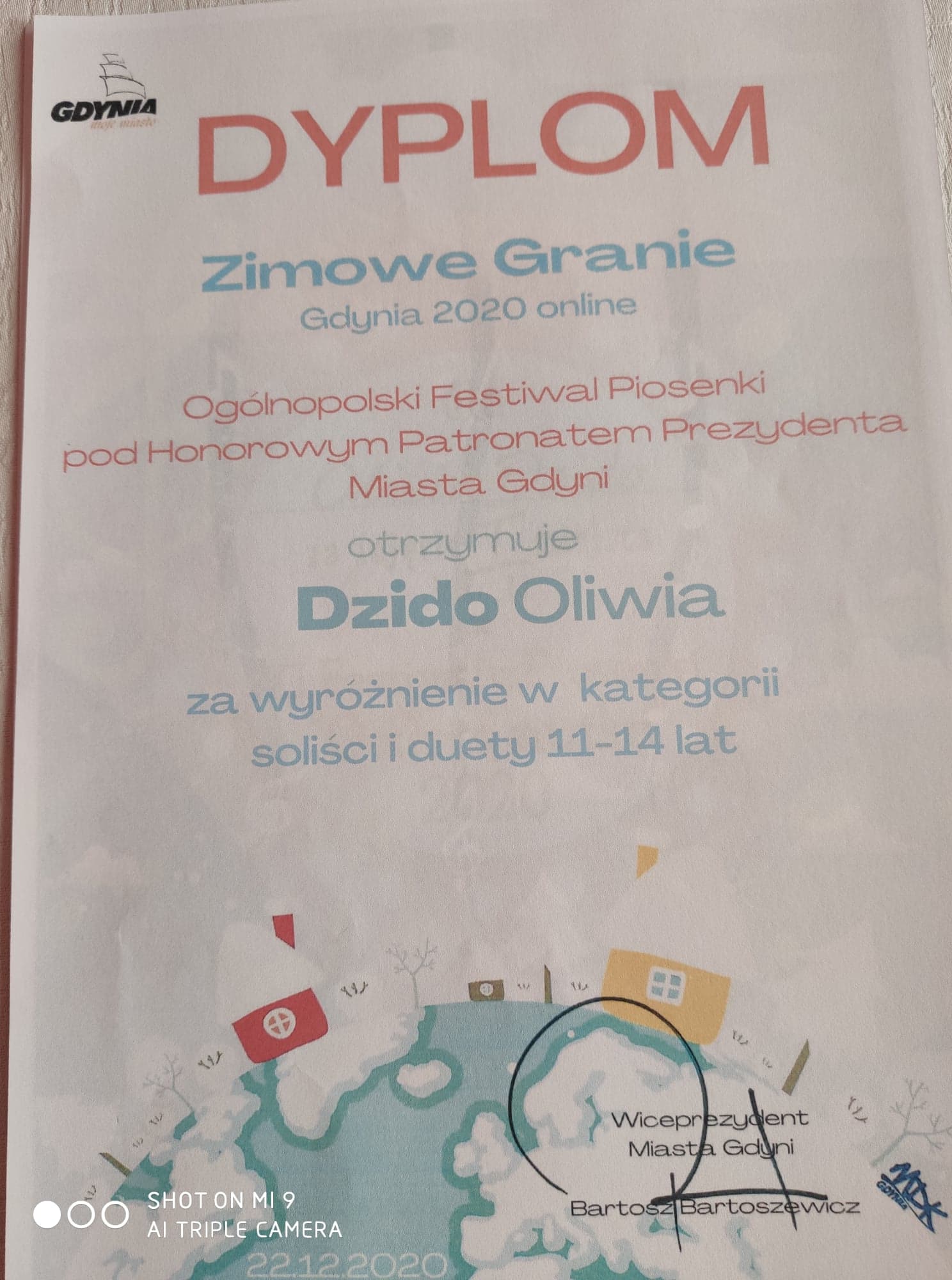 Oliwia Dzido wyróżnienie Ogolnopolski Festiwal Zimowe Granie Gdynia 2020.