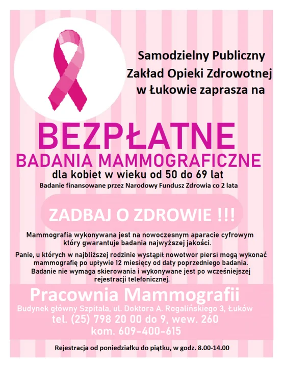 Bezpłatne badania mammograficzne w łukowskim szpitalu. Dla Pań w wieku 50-69 lat - Zdjęcie główne