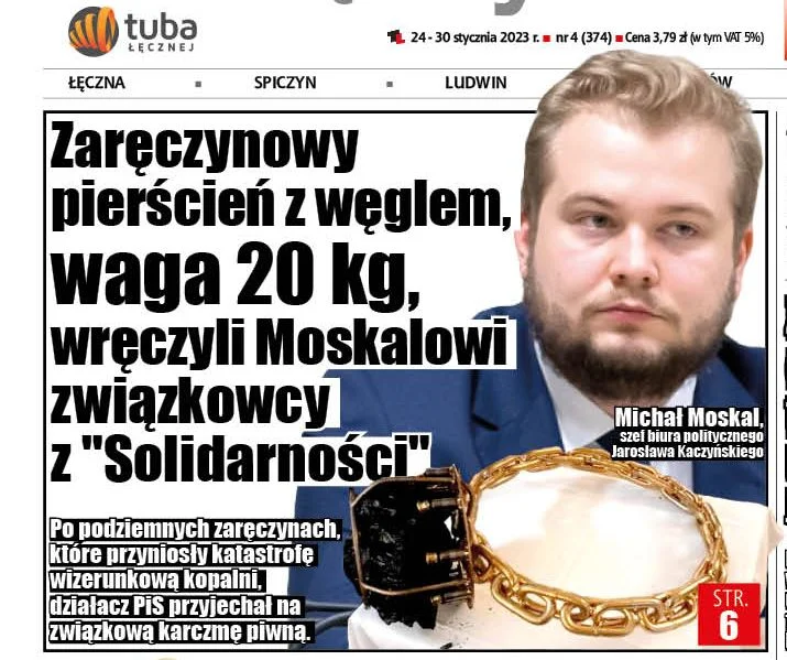Powiat łęczyński: Zaręczynowy pierścień z węglem, o wadze 20 kg, wręczyli Moskalowi związkowcy z "Solidarności" - Zdjęcie główne