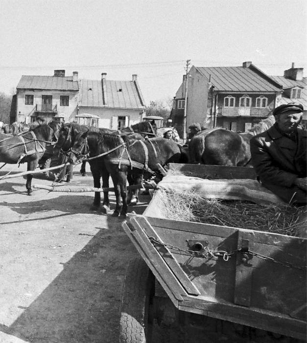 Część północna. Jarmark poniedziałkowy - chłopski, babski był w piątek. W poniedziałki handlowano zbożem i żywcem. W głębi po prawej - cukiernia P. Pisarskiej, funkcjonująca przed wojną. Budynek spłonął w drugiej połowie XX wieku